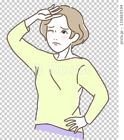眩しさに顔をしかめて頭上に手をかざす中高年女性 強い日差しと紫外線対策のベクターイラスト 眩しさに顔をしかめて頭上に手をかざす中高年女性 強い日差しと紫外線対策のベクターイラスト 138868594