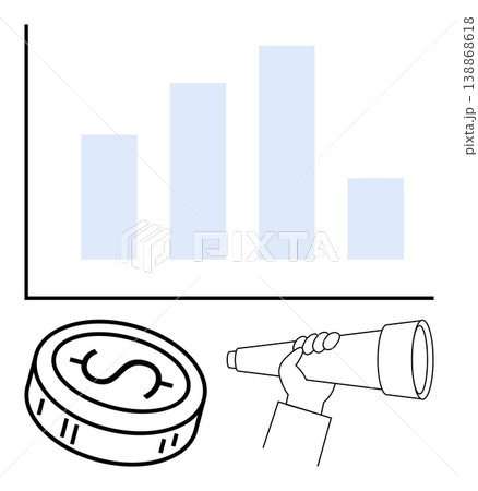 Business strategy, investment, financial growth, market analysis, future planning, economic outlook. Bar graph, coin with dollar sign hand holding telescope. Financial growth and investment concept 138868618