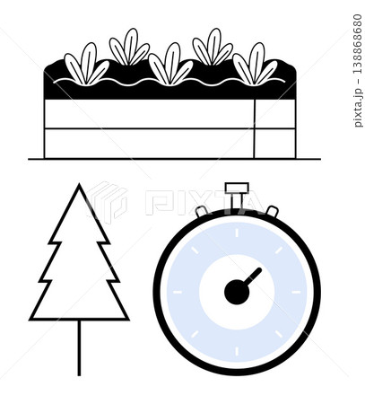 Agriculture, sustainability, time management, environmental conservation, ecofriendly practices, growth. Raised garden bed, stopwatch and a pine tree symbol. Sustainability and time management 138868680