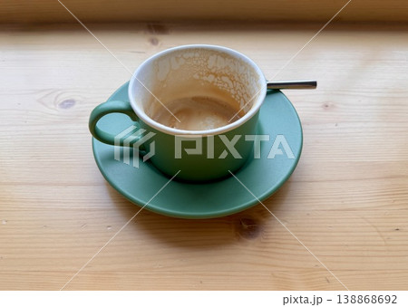 a dirty tea steamer after a fragrant cappuccino is on the table in a coffee shop a dirty tea steamer after a fragrant cappuccino is on the table in a coffee shop 138868692