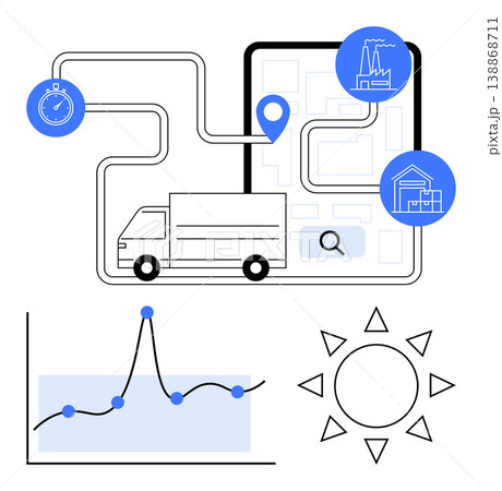 Logistics, delivery services, supply chain management, route optimization, time management, shipping analytics. A truck on a route map, graphs icons and a sun symbol. Logistics and delivery Logistics, delivery services, supply chain management, route optimization, time management, shipping analytics. A truck on a route map, graphs icons and a sun symbol. Logistics and delivery 138868711