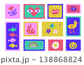 Cute quirky postage stamps set with doodle symbols. Colorful girly cartoon illustrations of smiley face, flowers, heart eyes, fish and bird. Hand drawn vector mail stickers for scrapbook, planner and 138868824