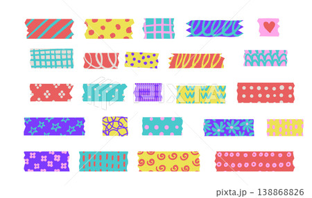 Colorful washi tape strips set with hand drawn patterns. Cute girly masking tape stickers with dots, stripes, flowers and abstract doodles. Vector decorative adhesive labels for planner, scrapbook and Colorful washi tape strips set with hand drawn patterns. Cute girly masking tape stickers with dots, stripes, flowers and abstract doodles. Vector decorative adhesive labels for planner, scrapbook and 138868826