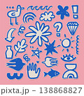 Blue funky hand drawn doodles and weird shapes set. Cute girly cartoon paper cutouts with bird, star and diamond on pink background. Expressive messy scrapbooking stickers collection. 138868827