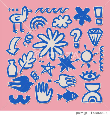 Blue funky hand drawn doodles and weird shapes set. Cute girly cartoon paper cutouts with bird, star and diamond on pink background. Expressive messy scrapbooking stickers collection. Blue funky hand drawn doodles and weird shapes set. Cute girly cartoon paper cutouts with bird, star and diamond on pink background. Expressive messy scrapbooking stickers collection. 138868827