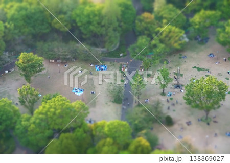 ミニチュアジオラマ風写真　都庁展望台から見た夕暮れの新宿中央公園 138869027