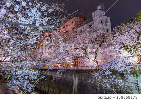 東京都 満開の桜並木とビル群が織りなす神田川沿いの美しい夜桜風景 東京都 満開の桜並木とビル群が織りなす神田川沿いの美しい夜桜風景 138869178