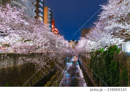 東京都 満開の桜並木とビル群が織りなす神田川沿いの美しい夜桜風景 138869183