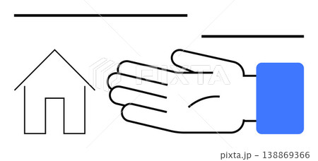 Real estate, donation, assistance, charity, housing support, protection. Minimalist hand with a blue sleeve next to a house sketch. Real estate and housing support concepts 138869366