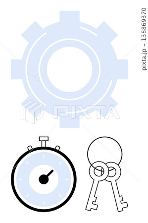 Technology, security systems, time management, process optimization, mechanisms, access control. Image shows a gear, stopwatch and keys. Time management and security systems concept 138869370
