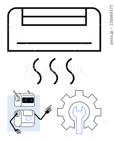 Smart automation, HVAC services, air conditioner repair, robotics integration, cooling solutions, technical support. Air conditioner, robot pointing and gear icon. HVAC services and technical 138869375