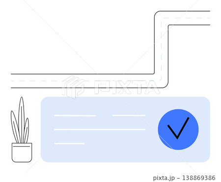 Goal setting, workflow design, organization, task completion, success tracking, career planning. Blue checkmark on card, pathway illustration and plant. Goal setting and workflow organization Goal setting, workflow design, organization, task completion, success tracking, career planning. Blue checkmark on card, pathway illustration and plant. Goal setting and workflow organization 138869386