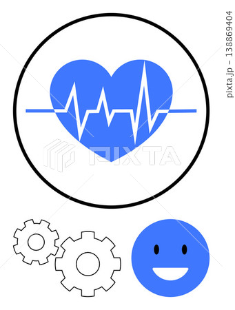 Health care, system optimization, wellness, happiness, medical monitoring, digital tools. Blue heart with ECG line, gears and happy face. Health care and system optimization concept Health care, system optimization, wellness, happiness, medical monitoring, digital tools. Blue heart with ECG line, gears and happy face. Health care and system optimization concept 138869404