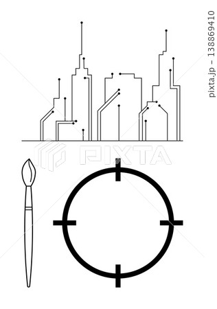 Technology, creativity, urban planning, target, modern design, art concepts. Minimalistic cityscape with digital connections, a paintbrush and circular target symbol. Technology and creativity 138869410