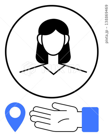 Social networking, geolocation services, identity verification, user interaction, technology interfaces, profile systems. Female avatar in a circle, blue pin and a hand. Identity verification Social networking, geolocation services, identity verification, user interaction, technology interfaces, profile systems. Female avatar in a circle, blue pin and a hand. Identity verification 138869469