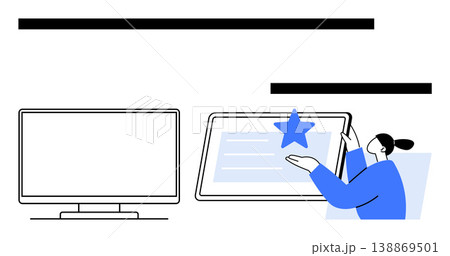 Business success, online reviews, user interaction, digital branding, customer experience, technology platforms. A person interacting with a tablet showing a star rating. Online reviews and business 138869501