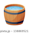 Wooden bath. Wood tub, cartoon rustic water bath barrel for public sauna traditional banya or onsen japanese hot spring, wellness relaxing bathtub basin neat vector illustration of tub bath wooden 138869521
