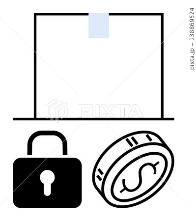 Finance, online security, payment safety, digital commerce, e-wallets, encryption. Black padlock, dollar coin and screen illustration. Online security and payment safety concepts Finance, online security, payment safety, digital commerce, e-wallets, encryption. Black padlock, dollar coin and screen illustration. Online security and payment safety concepts 138869524