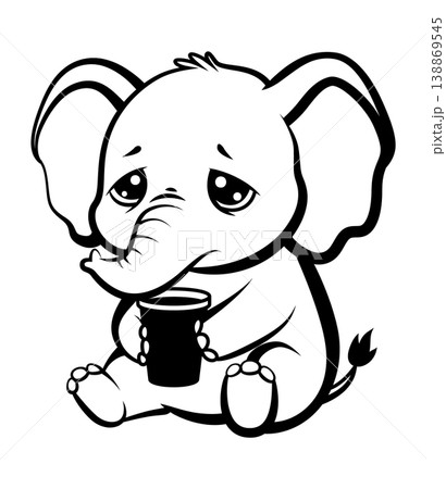 Sleepy tender baby elephant holding warm cup in soft clinic corner, gentle eyes full of care, bandaged toy nearby, soothing milk steam, comforting caregiver scene, compassionate mood 138869545