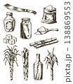 Cane sugar. Set of product from sugarcane plants. Engraving Hand drawn natural organic food and natural ingredients. Fresh squeezed sugarcane in glass, sugar in heap and cubes, bamboo and rum 138869553