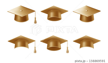 Realistic gold graduate caps set. 3D Graduation Doctoral hat Realistic gold graduate caps set. 3D Graduation Doctoral hat 138869591