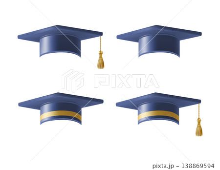 Realistic Blue graduate caps set. 3D Graduation Doctoral hat. 138869594