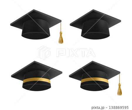 Realistic Black graduate caps set. 3D Graduation Doctoral hat. Realistic Black graduate caps set. 3D Graduation Doctoral hat. 138869595