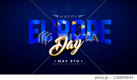 Europe Day Banner Illustration with European Union Flag in Text Label on Blue Background. Vector 9 May United in Diversity Celebration Design with Typography Letter for Banner, Postcard, Greeting Card 138869643