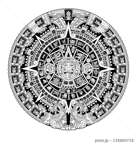Aztec sun stone or Great Aztec calendar stone, depicting sun god Tonatiuh in the center, surrounded by glyph called movement, 20 day signs and cardinal directions. Black and white illustration. Vector Aztec sun stone or Great Aztec calendar stone, depicting sun god Tonatiuh in the center, surrounded by glyph called movement, 20 day signs and cardinal directions. Black and white illustration. Vector 138869718