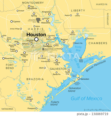 Houston and vicinity, political map. Houston, seat of Harris County, and most populous city in the U.S. state of Texas, in Southern United States, located near Galveston Bay and Gulf of Mexico. Vector Houston and vicinity, political map. Houston, seat of Harris County, and most populous city in the U.S. state of Texas, in Southern United States, located near Galveston Bay and Gulf of Mexico. Vector 138869719
