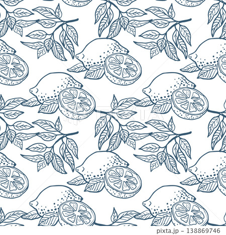 Hand drawn seamless pattern with lemons. Retro Italia dolce vita background perfect for menus, wrapping, wallpapers. 138869746