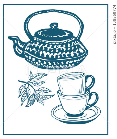 Hand drawn vector illustration of tea pot and cup of tea, perfect for invitations, menus, parties. La dolce vita minimalist line art for poster, placard, print, card. Hand drawn vector illustration of tea pot and cup of tea, perfect for invitations, menus, parties. La dolce vita minimalist line art for poster, placard, print, card. 138869774