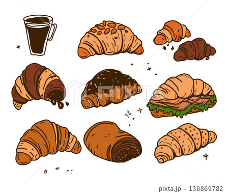 Hand drawn vector set of croissants and coffee perfect for invitations, menus, parties. La dolce vita minimalist line art for poster, placard, print, card. 138869782