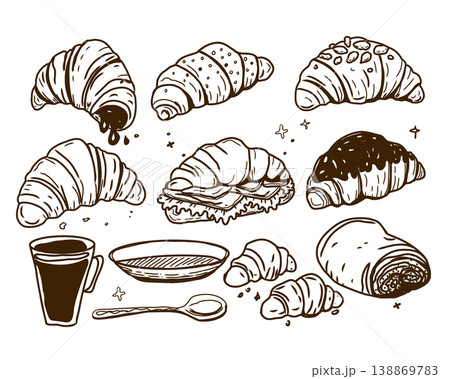 Hand drawn monochrome vector set of croissants and coffee perfect for invitations, menus, parties. La dolce vita minimalist line art for poster, placard, print, card. 138869783