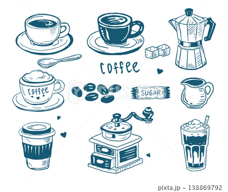 Hand drawn vintage mediterranean blue coffee set. Dolce vita style food illustration perfect for cafe or restaurant menus design. Hand drawn vintage mediterranean blue coffee set. Dolce vita style food illustration perfect for cafe or restaurant menus design. 138869792
