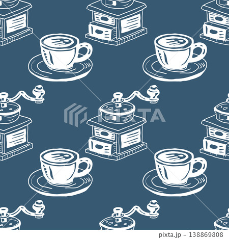 Hand drawn vintage italian seamless pattern with coffe drinks. Retro Italia dolce vita background perfect for menus, wrapping, wallpapers. Hand drawn vintage italian seamless pattern with coffe drinks. Retro Italia dolce vita background perfect for menus, wrapping, wallpapers. 138869808