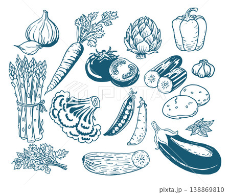 Hand drawn vintage mediterranean blue vegetables set. Dolce vita style food illustration perfect for cafe or restaurant menus design. 138869810