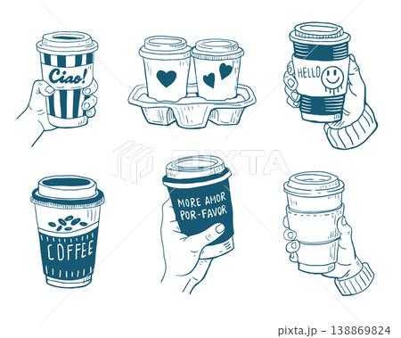 Hand drawn vintage mediterranean blue coffee to go set. Dolce vita style food illustration perfect for cafe or restaurant menus design. Hand drawn vintage mediterranean blue coffee to go set. Dolce vita style food illustration perfect for cafe or restaurant menus design. 138869824