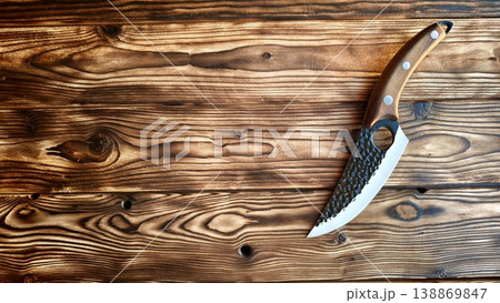 Sharp knife rests on a wooden surface with rich grain and texture Sharp knife rests on a wooden surface with rich grain and texture 138869847