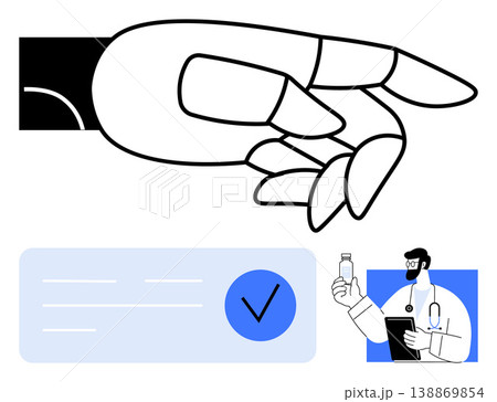 Robotics, healthcare innovation, telemedicine, medical technology, future medicine, digital verification. Robotic hand with checkmark and doctor holding medication bottle. Healthcare innovation Robotics, healthcare innovation, telemedicine, medical technology, future medicine, digital verification. Robotic hand with checkmark and doctor holding medication bottle. Healthcare innovation 138869854