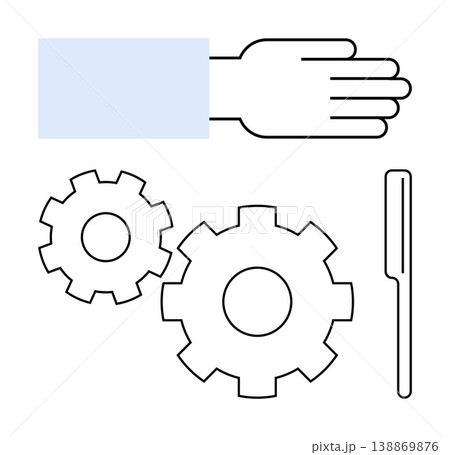 Automation, workflow optimization, teamwork, industrial process, mechanics, tool usage. Two gears, a hand gesture and a tool. Automation and workflow optimization visualization Automation, workflow optimization, teamwork, industrial process, mechanics, tool usage. Two gears, a hand gesture and a tool. Automation and workflow optimization visualization 138869876