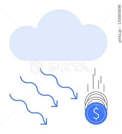 Cloud computing, cost management, financial savings, data storage, scalable technology, efficiency. Image shows a cloud, arrows and falling coins. Cloud computing and cost management Cloud computing, cost management, financial savings, data storage, scalable technology, efficiency. Image shows a cloud, arrows and falling coins. Cloud computing and cost management 138869896