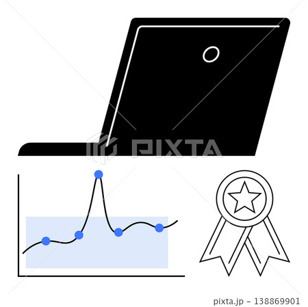 Business growth, data analytics, performance tracking, digital innovation, online productivity, recognition. A laptop, graph with data points and award badge. Business growth and data analytics 138869901