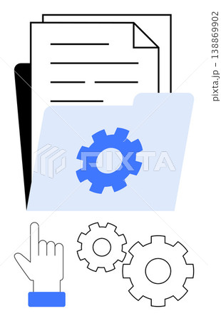Data management, information organization, system settings, software configuration, office workflows, digital tools. Blue gear on folder with documents and gear icons. Data management and information Data management, information organization, system settings, software configuration, office workflows, digital tools. Blue gear on folder with documents and gear icons. Data management and information 138869902