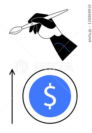 Business growth, financial success, creative investment, art profitability, wealth management, economic trends. Hand holding a paintbrush above a rising dollar symbol. Creative investment and art 138869910