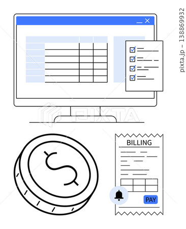 Financial management, online payments, e-billing, invoicing, record-keeping, e-commerce. A computer screen displays data with a checklist, alongside a dollar coin and a billing receipt. Financial Financial management, online payments, e-billing, invoicing, record-keeping, e-commerce. A computer screen displays data with a checklist, alongside a dollar coin and a billing receipt. Financial 138869932