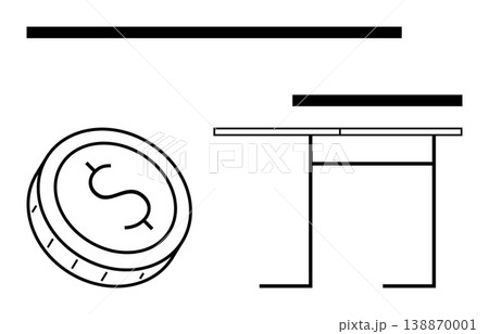 Finance, minimalism, business, economy, modern design, abstract concepts. A coin with a dollar sign beside a minimalist furnishing. Finance and minimalism concept in graphic design 138870001