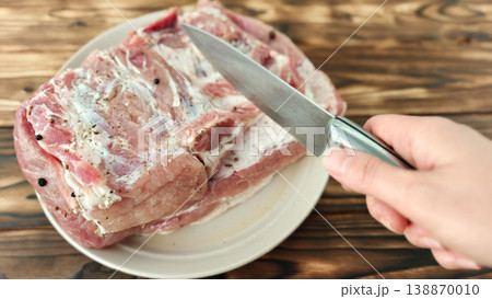 Chopping raw meat on a plate with a knife in a kitchen setting 138870010
