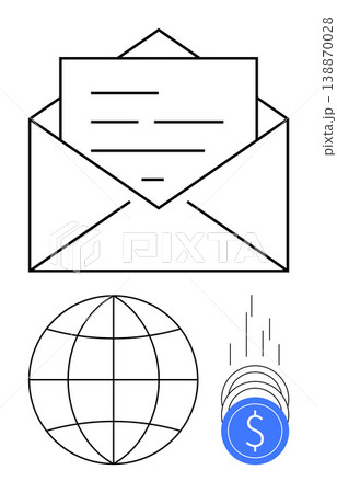 Digital communication, global transactions, financial services, e-commerce, payment systems, currency exchange. Enclosed letter with globe and falling coins. Digital communication and global 138870028