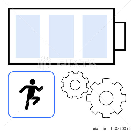 Energy concepts, mechanical processes, productivity, physical activity, motion, systems thinking. A battery, running figure and gears energy motion and mechanisms. Energy and productivity concept Energy concepts, mechanical processes, productivity, physical activity, motion, systems thinking. A battery, running figure and gears energy motion and mechanisms. Energy and productivity concept 138870050